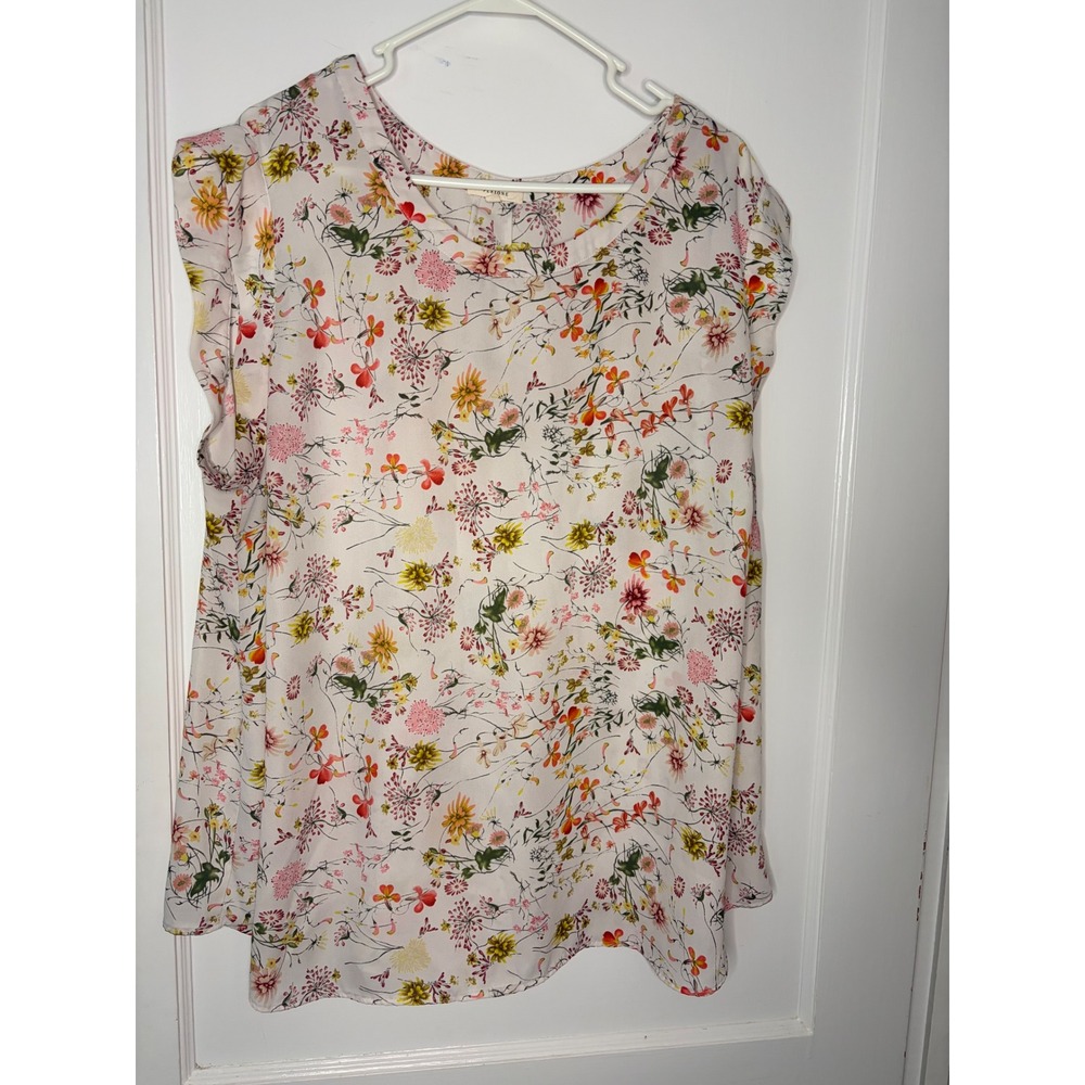 Pleione Floral Blouse Womens 2X Cream Pink Yellow Scoop Neck Top